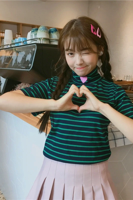Женская футболка в Корейском стиле Harajuku Ulzzang тонкая полоску с вышивкой Love