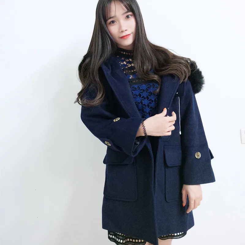 Зимняя длинная куртка 2018 Корейская новая шерстяная с роговыми пуговицами