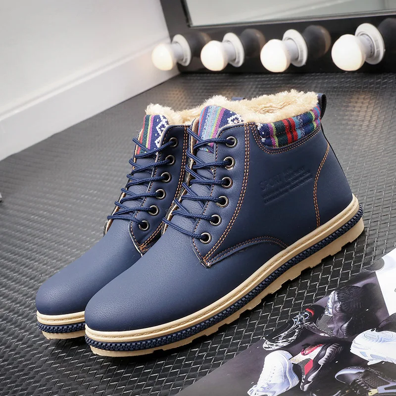 QWEEK Men Ankle Winter Warm British Style Short Plush Flats Fashion Male Work Shoes Lace Up Snow Boots Casual Martin | Обувь