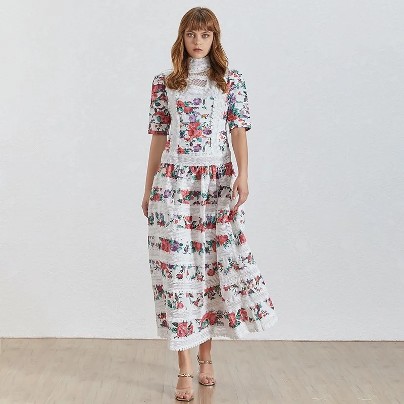 print TWOTWINSTYLE винтажное женское платье со стоячим рукавом средней длины с высокой талией и кружевами в стиле пэчворк Женская мода лето - Цвет: print