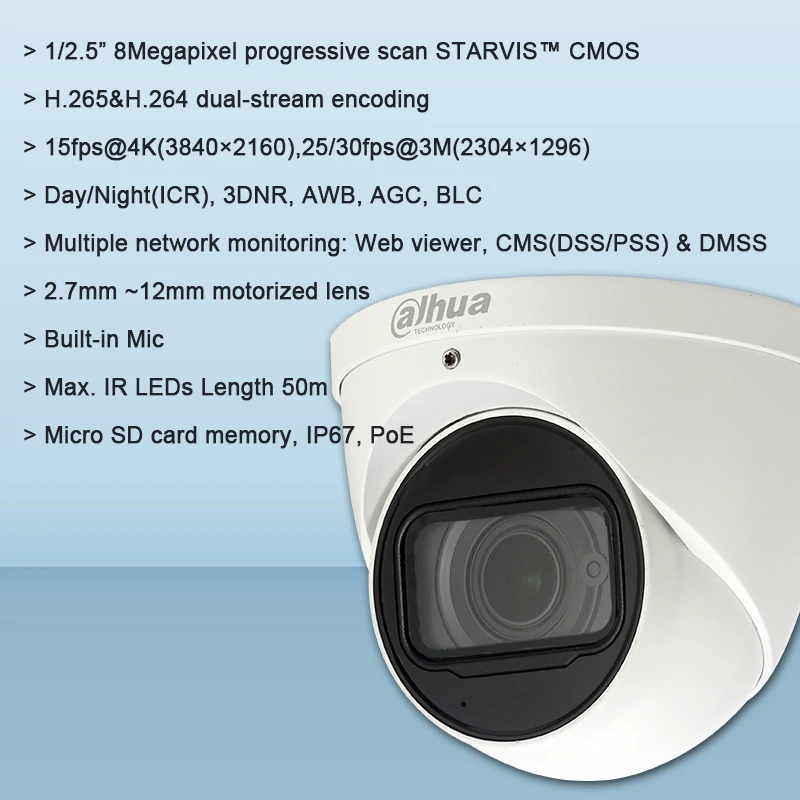 Dahua IPC-HDW5831R-ZE 8MP WDR IR Eyeball сетевая камера 50m POE CCTV Встроенный микрофон IP67 IP с логотипом