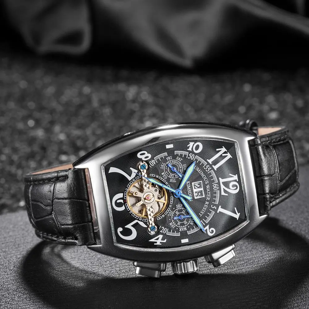 Мужские механические часы Tonneau Tourbillon Роскошные водонепроницаемые Модные деловые