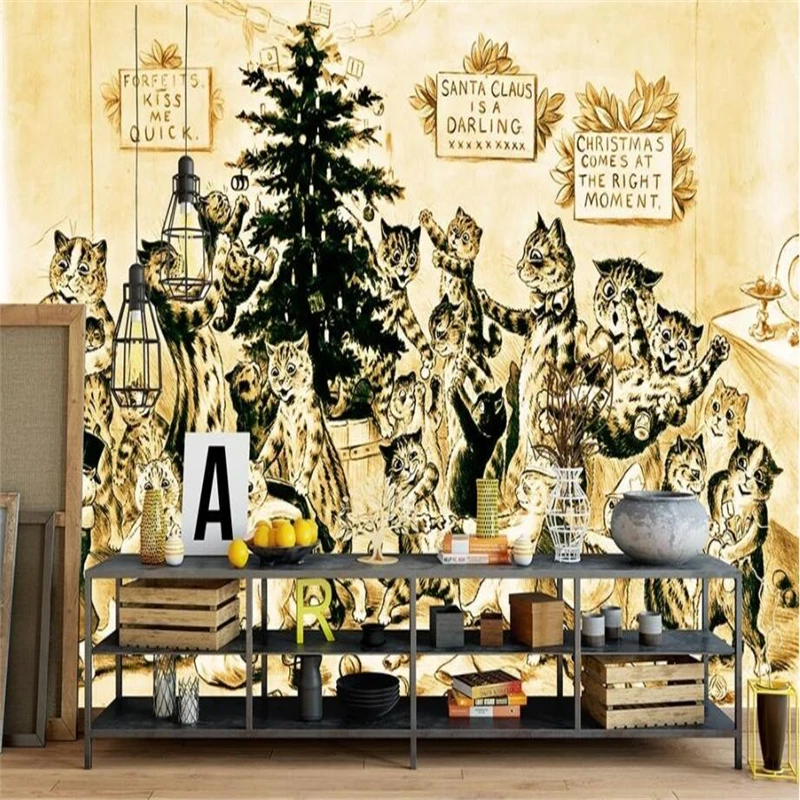 beibehang Custom 3d wallpapers hand painted retro cat yellow line mural background wall decoration | Обустройство дома