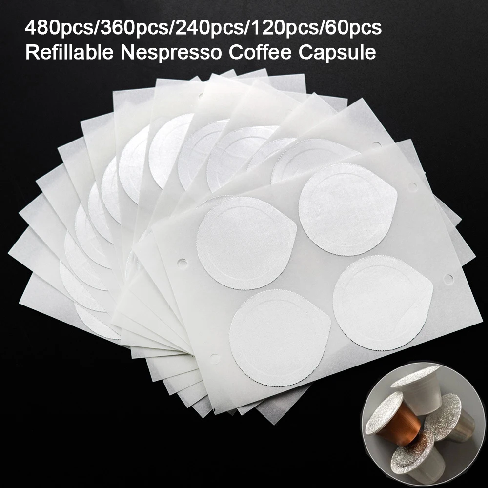 

480PC Refillable Nespresso Coffee Capsule Flim Sticker Refilling Stainless Steel Capsule Self Adhesive Aluminum Foil Brewer Lid