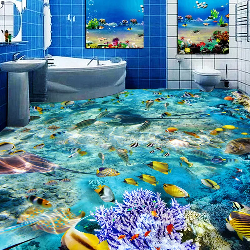 Custom Flooring Mural Wallpaper Undersea World Fish Coral Toilets Bathroom Bedroom 3D Floor Murals PVC Waterproof Self-adhesive 3d flooring abstract rainbow 3d floor pvc self adhesive wallpaper 3d floor painting wallpaper