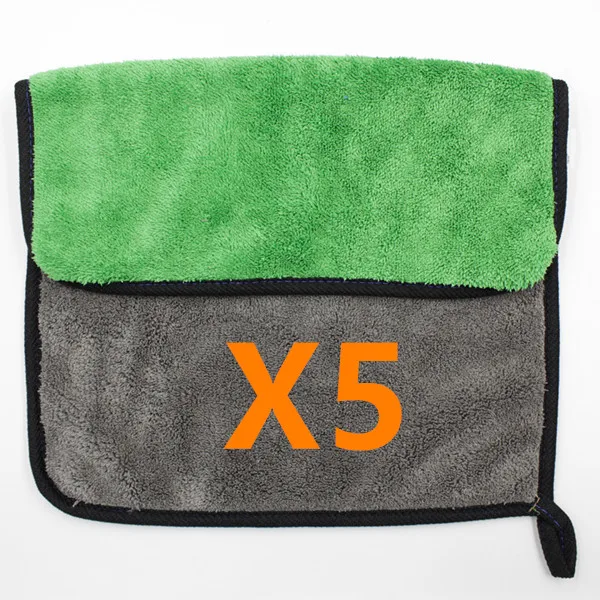 Green x5 5 шт. 600gsm полотенца из микрофибры для мытья автомобиля, супер толстая плюшевая ткань для мытья, очищающая сушка, впитывающая воск, полировка - Цвет: Green x5