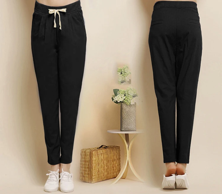 Льняные брюки новинка 2017 женские хлопковые модели султанки карандаш на весну и