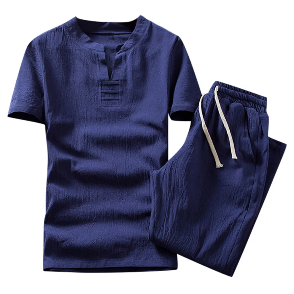Летний льняной короткий комплект для мужчин 2019 брендовая мужская футболка
