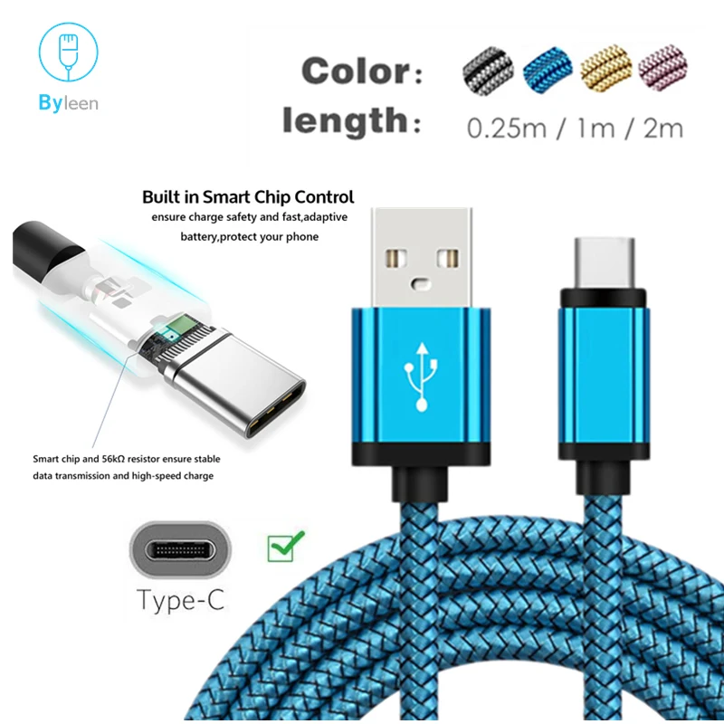 Кабель зарядный USB Type C длиной 25 см/2 м для Samsung Galaxy S10 Plus S9 S8 Note 10 9 8 A70 Huawei P20 P30 Pro Lite