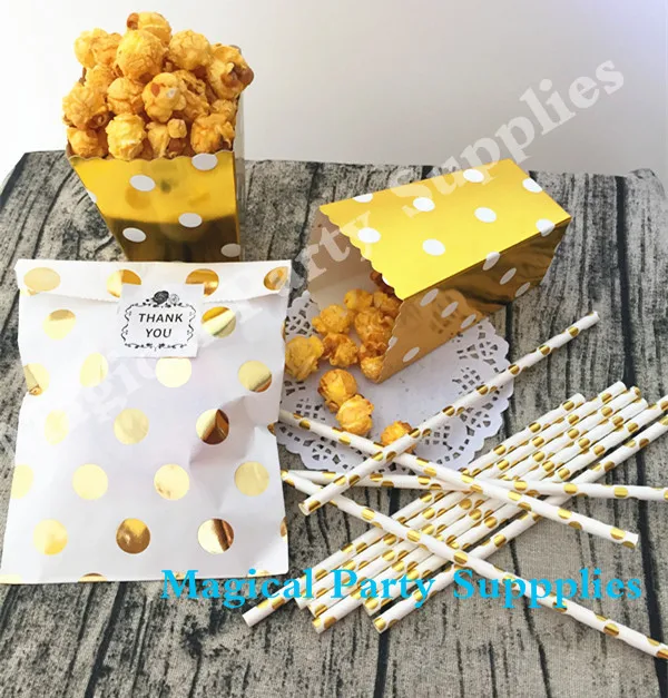 Free Shipping 100 sets Gold Foil Dot Party Loot Bags and Sticker 5'' x 7'' Favor Lovely Dots Kids Candy | Дом и сад