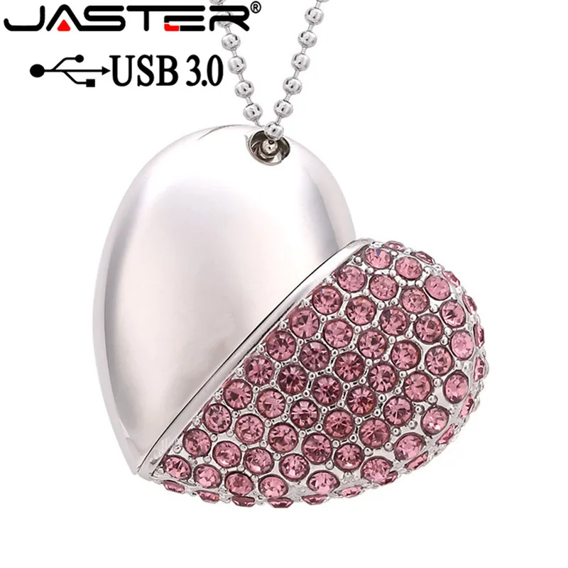 JASTER USB 3,0 Металлический Хрустальный USB флеш-накопитель с сердцем, Подарочная Флешка 8 ГБ/16 ГБ/32 ГБ/64 ГБ, карта памяти со стразами