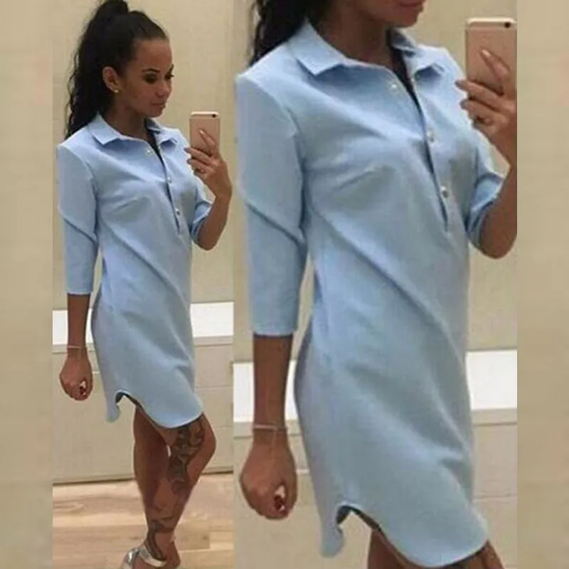 Light Blue Женское платье-рубашка, летнее сексуальное платье-туника, повседневное мини платье с длинным рукавом и пуговицами, Женская Асимметричная длинная рубашка - Цвет: Light Blue