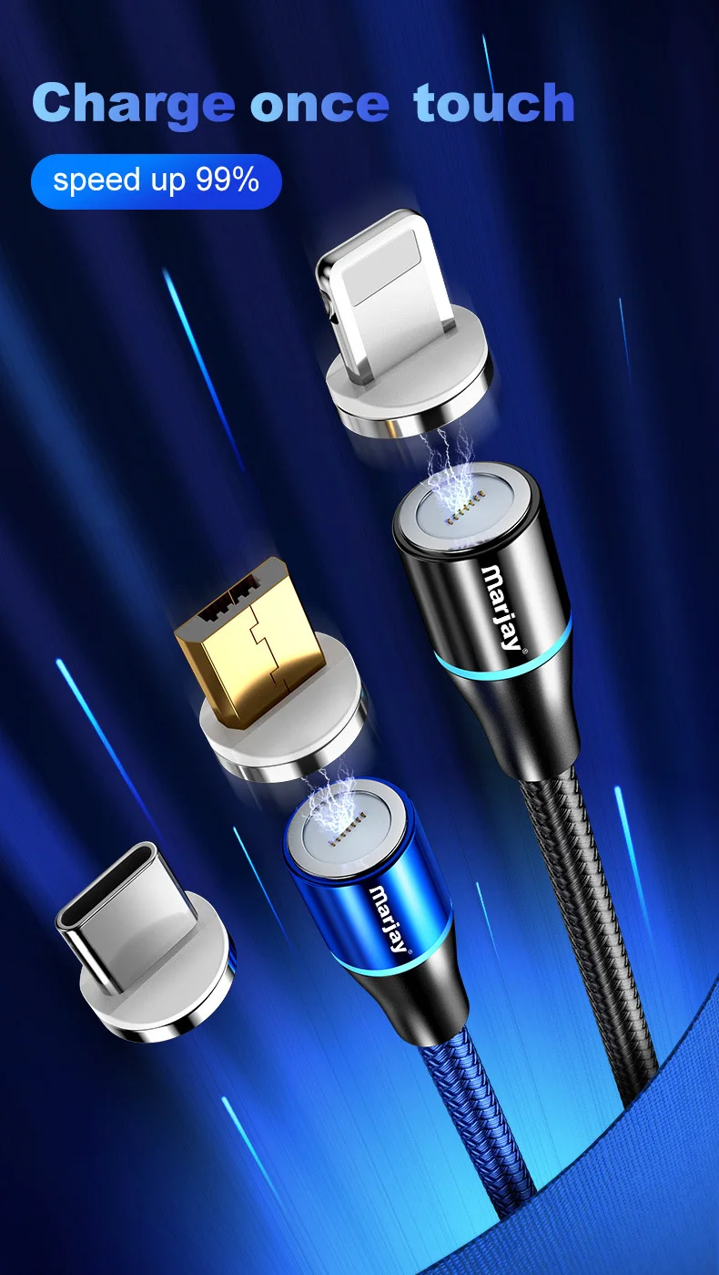 Магнитный кабель Marjay, 2 м, 3 А, быстрая зарядка, 3,0, Micro usb type-C кабель для iphone X Xs Max, samsung, Xiaomi, магнитный шнур для быстрой зарядки