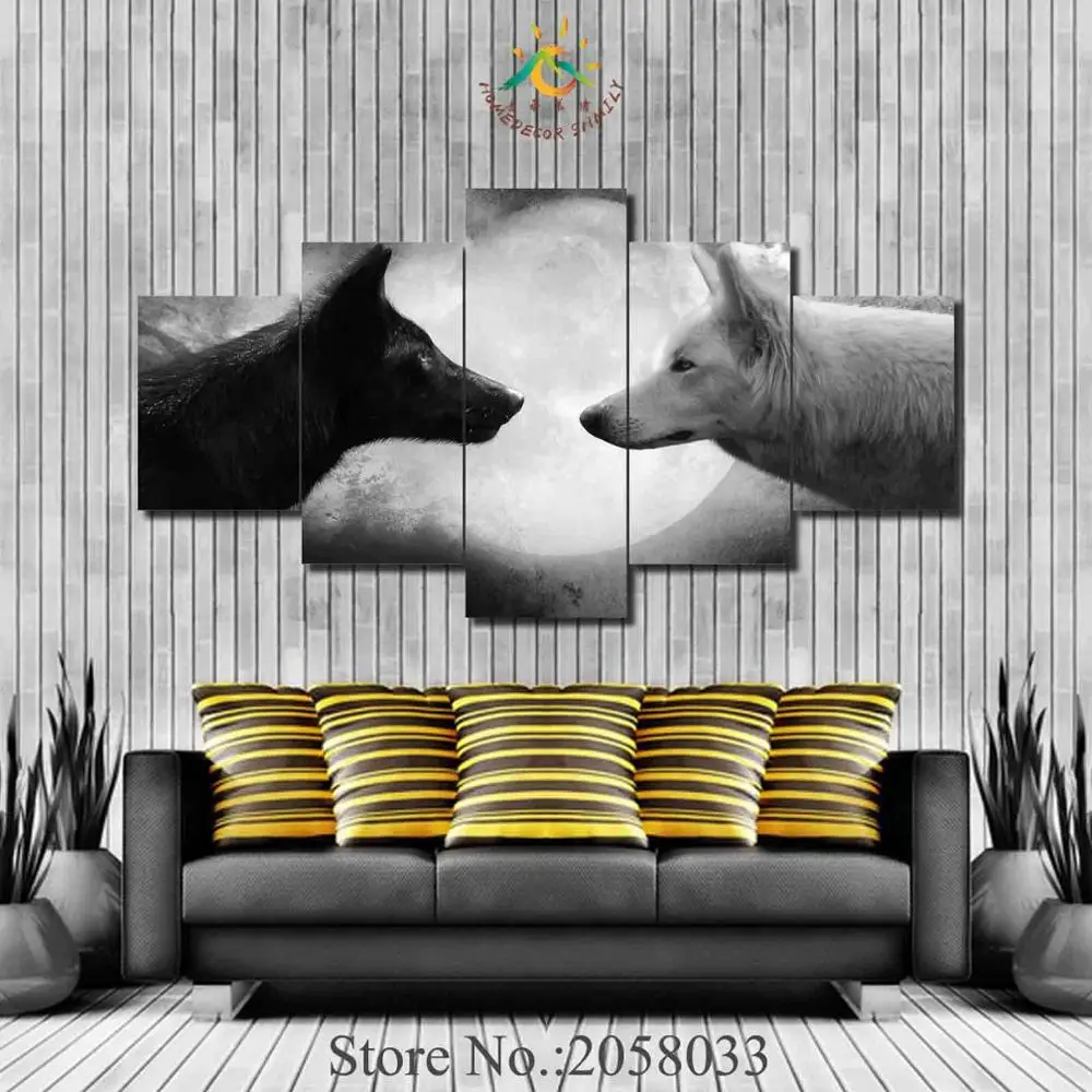 

3-4-5 Pieces Black and White Wolf Moon Pictures Painting Home Decoration Wall Art Pictures HD Canvas Painting Modern Pictures