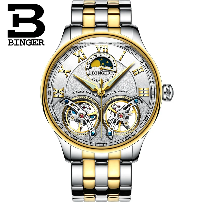 BINGER colouring Gold Hollow Automatic Mechanical Watches Men Luxury Brand Steel Strap Casual Skeleton Watch Luminous Clock 2017| |