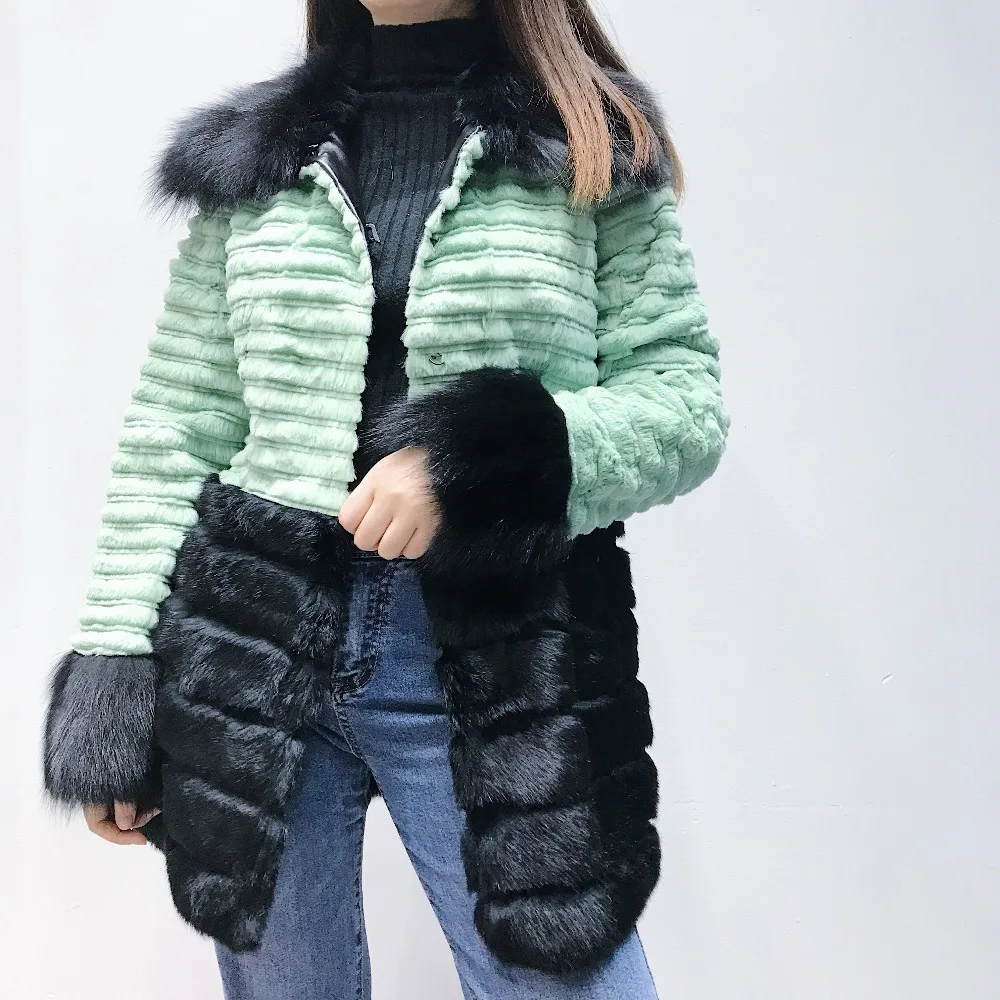 Autumn Winter New Fur Round Collar Real Rabbit Coat Medium Full And Fox collar 2018 Fashion Slim Thick Warm | Женская одежда