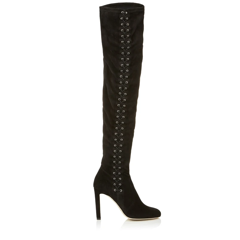 Женские сапоги выше колен черные эластичные на тонком высоком каблуке с острым