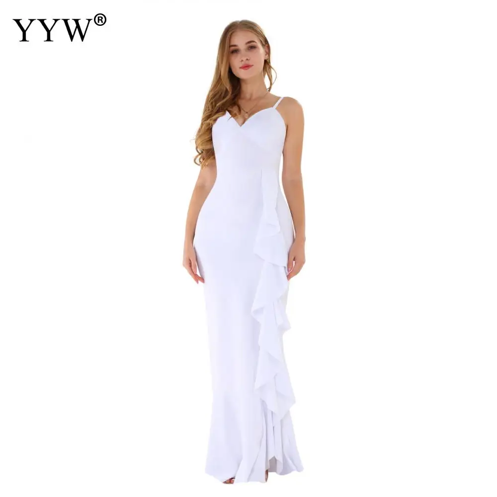 Женское вечернее платье без рукавов с оборками однотонное облегающее длинное v