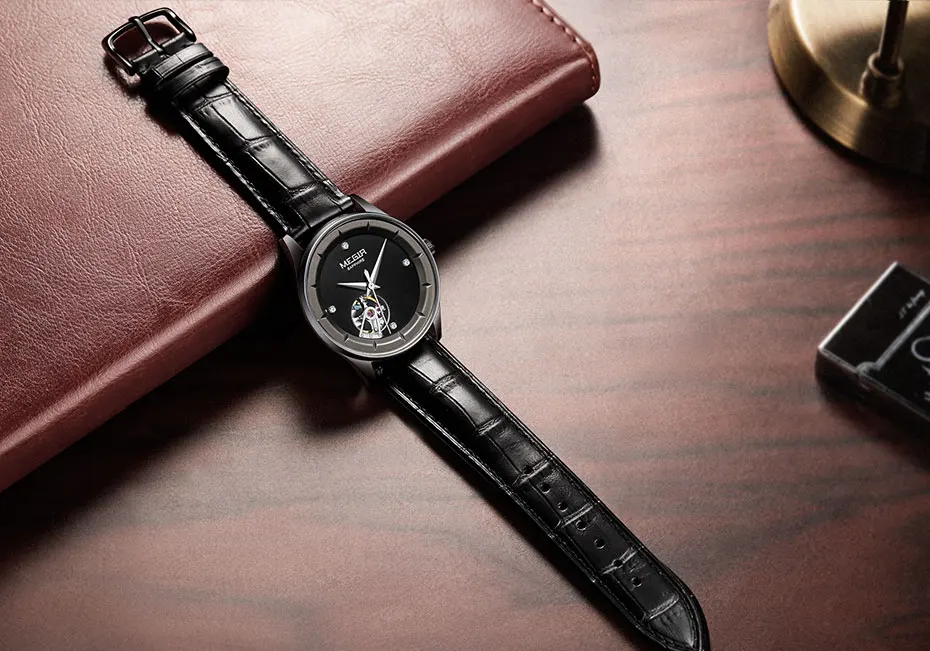 MEGIR Мужские часы механические Tourbillon Роскошные модные брендовые кожаные мужские спортивные часы мужские автоматические часы Relogio Masculino