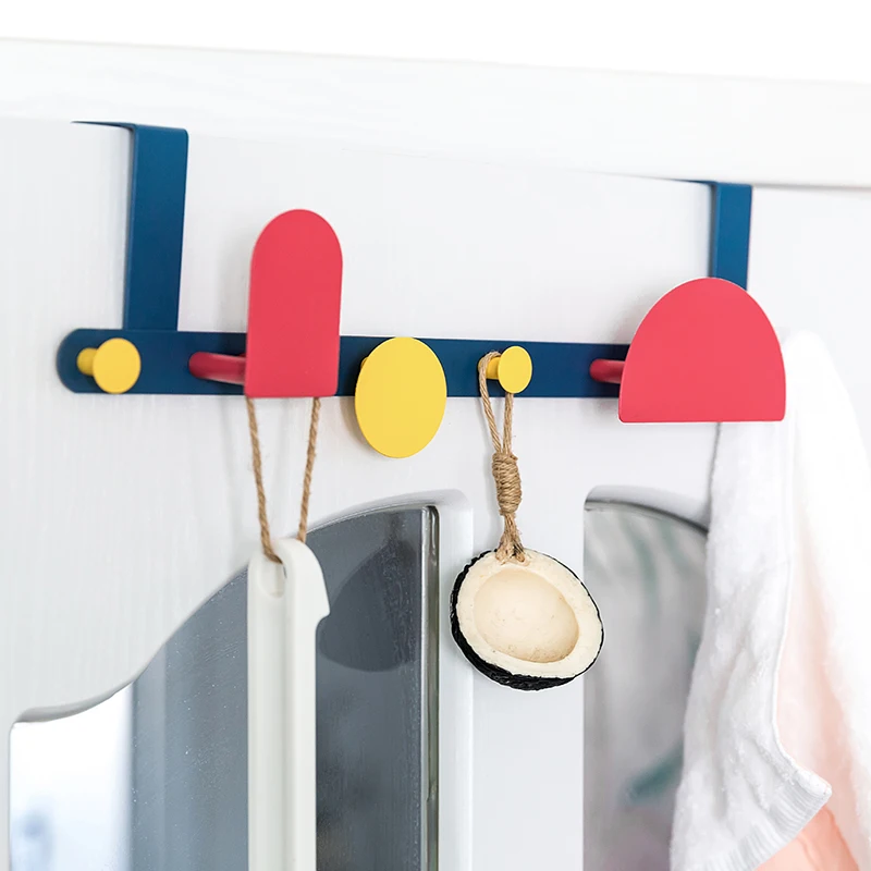 

Ins hot Nordic Mondrian Metal Modern Design Wall Door back hanging Robe Hooks Rack Storage holders rails kids blue red