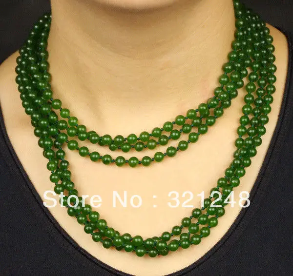

Free shopping New 2014 DIY Round Green chalcedony jades round 6mm Beads 36inch long chain Necklace MY1375