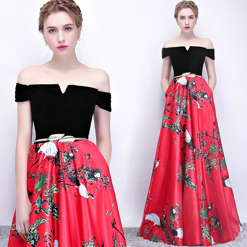 

Sexy women Party Dress Off The Shoulder Long Chinese style Formal Party Gowns female vestido de festa longo sweet banquet robe