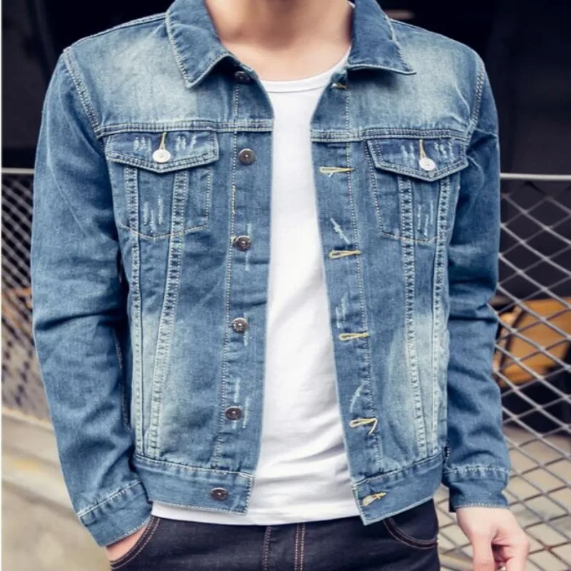 Мужская джинсовая куртка с воротником стойкой повседневная приталенная синяя