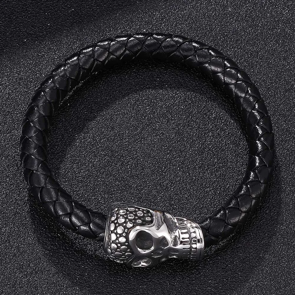 Fashion Jewelry Black Braided Leather Bracelets Men Stainless Steel Leahter Cool Skull Bracelet E0062 | Украшения и аксессуары