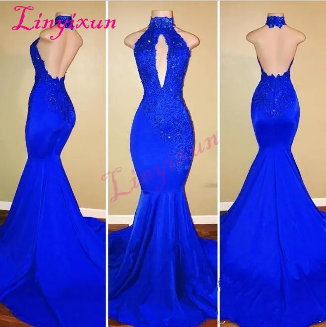 

2018 Red Halter Keyhole Satin Mermaid Long Prom Dresses Lace Applique Beaded Backless Sweep Train Evening Gowns Formal Party Dre