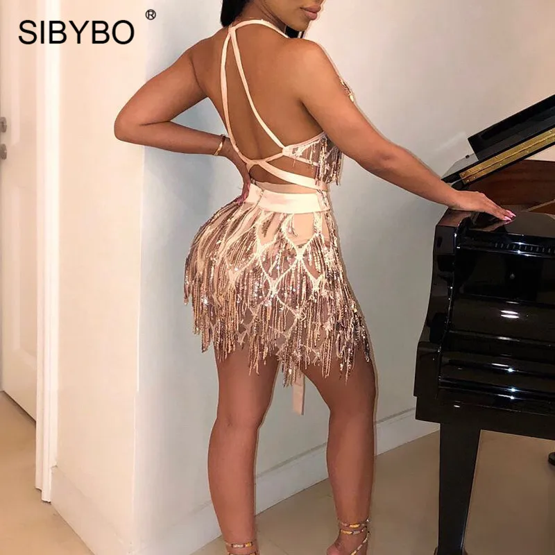 Sibybo прозрачное сексуальное женское платье с блестками и сеткой с глубоким v-образным вырезом на спине летнее Бандажное платье мини Вечерние платья для ночного клуба