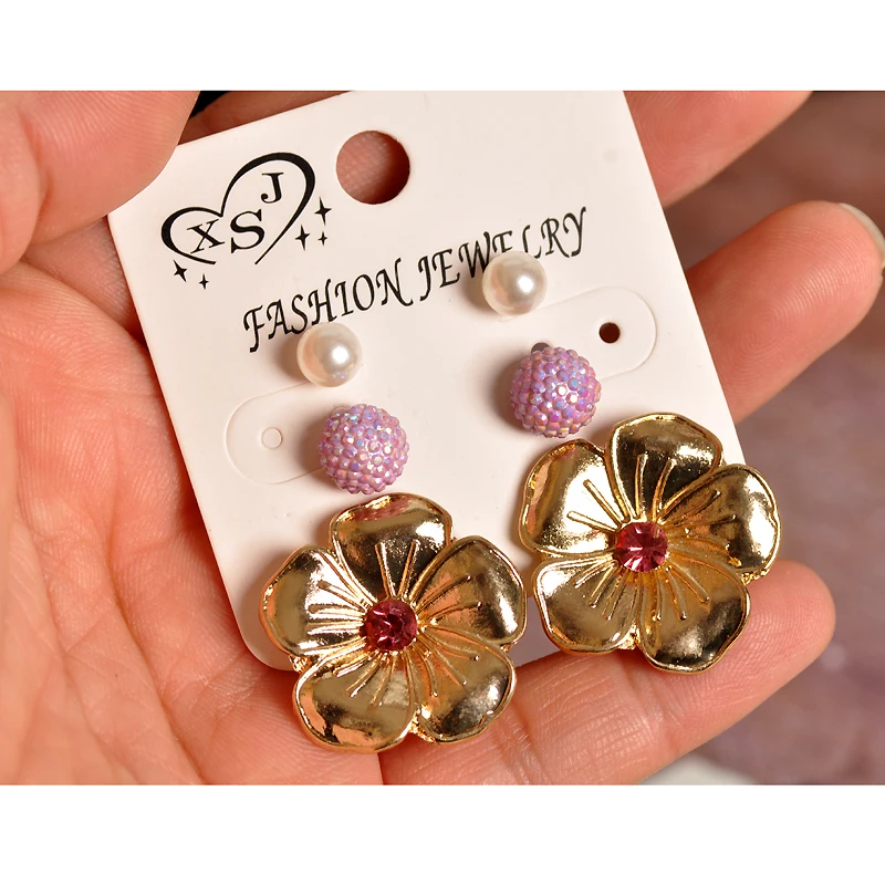 New fashion women's jewelry wholesale girls birthday party pearl stud mix-and-match flowery 3 pairs /set earrings gift | Украшения и