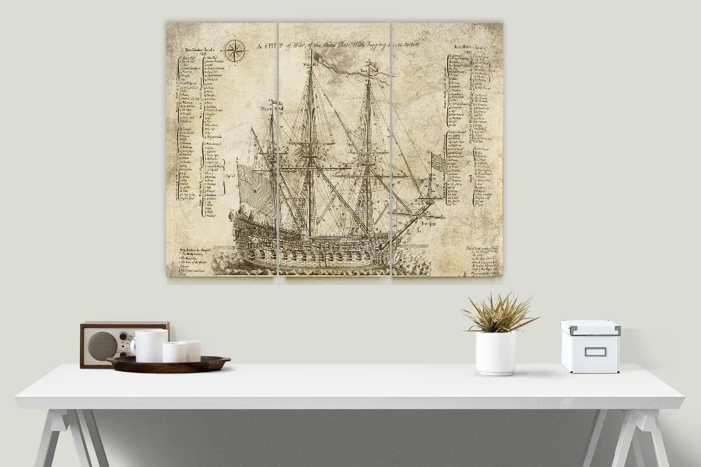Старый линкор синяя печать жикле холст искусство офисный декор Vinage Art Холст без
