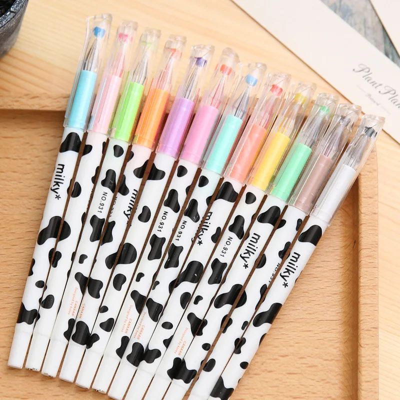 24 PCS Edition Cartoon Creative Stationery Pen Cows 12 Color Diamond Color Students Stationery Gel Pen Cute Stationary Wholesale