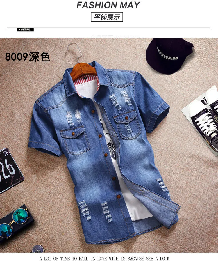 2302, летние повседневные мужские рубашки, облегающие, Camisa, джинсы, модные, короткий рукав, Chemise Homme, рваные, джинсовые рубашки, мужские M-3XL