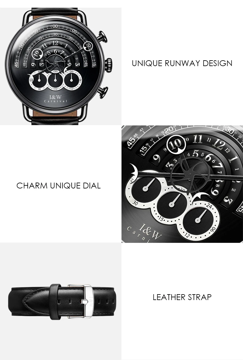 CARNIVAL I& W Avant Sport BigDial кварцевые мужские часы TopBrand Роскошные стимпанк сапфировое зеркало черная кожа водонепроницаемый Montre