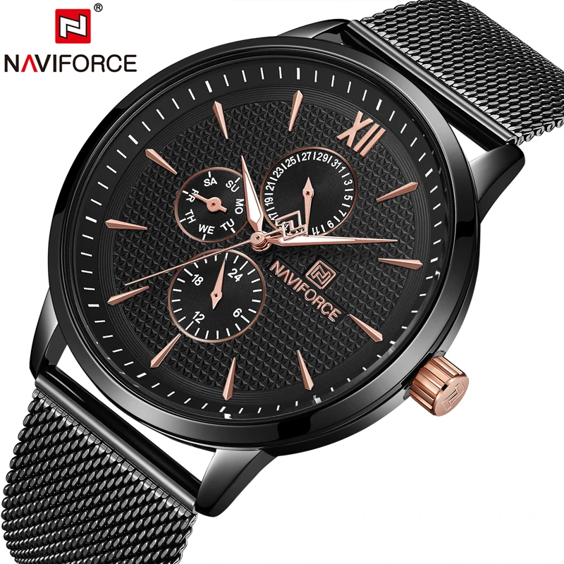 NAVIFORCE Брендовые мужские модные спортивные кварцевые наручные часы, мужские повседневные водонепроницаемые деловые часы с ремешком и стальным сетчатым ремешком, Relogio Masculino