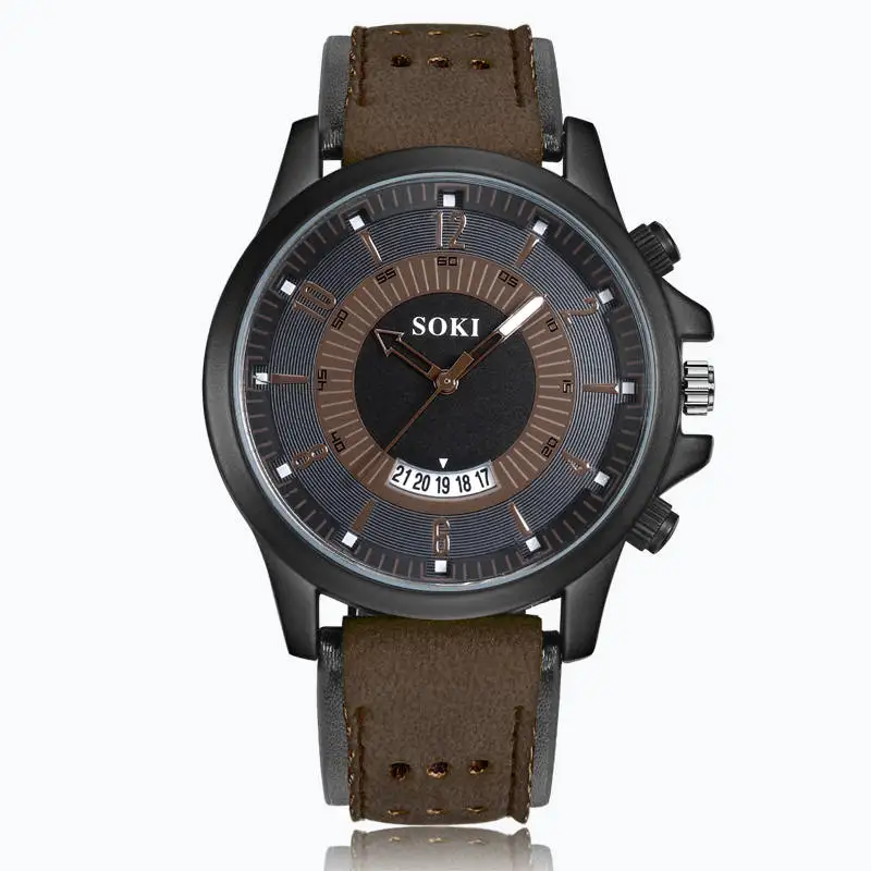Коричневый SOKI Reloj модные повседневные мужские часы с большим циферблатом и полым ремешком аналоговые Военные Спортивные кварцевые наручные часы Relogio Masculino - Цвет: Коричневый