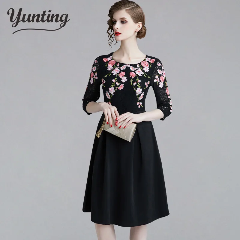Весеннее женское кружевное платье А-силуэта Vestido элегантные тонкие платья с вышивкой - Цвет: black