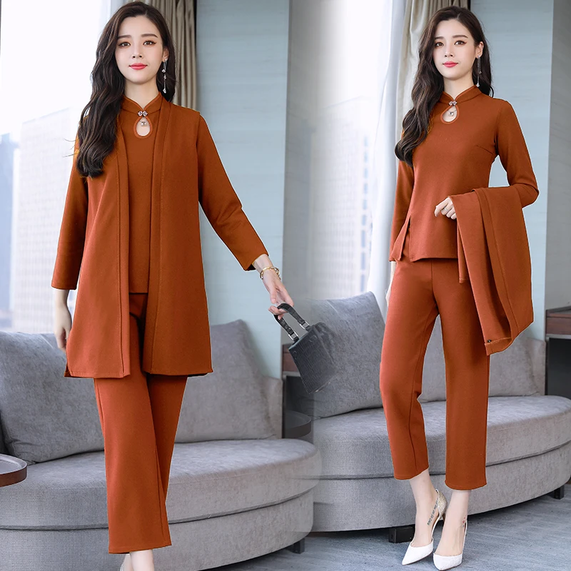 Autumn Winter 2018 Cotton Elegant Three Piece Set Women Long Coat + Sleeve Top Wide Leg Pants Loose Vogue Casual Suits | Женская одежда