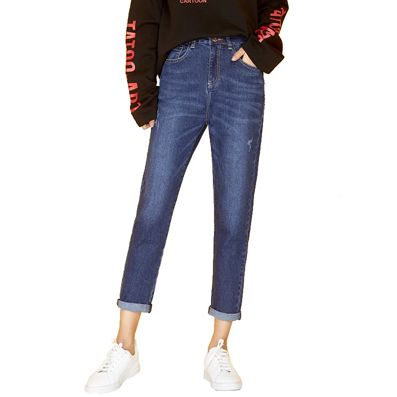 LEIJIJEANS, Новинка осени, винтажный стиль, отбеливатель размера плюс XL, хлопковые джинсы, средняя талия, деним, темно-синие, свободные, гарем, джинсы для женщин 7290 - Цвет: Dark Blue 7290