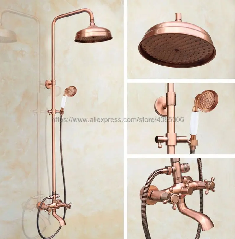 

Red Copper Shower Bath Faucet Sets Wall Mounted EXposed 8" Rainfall Shower Mixers with Bathtub Mixer Tap / Handshower Brg514