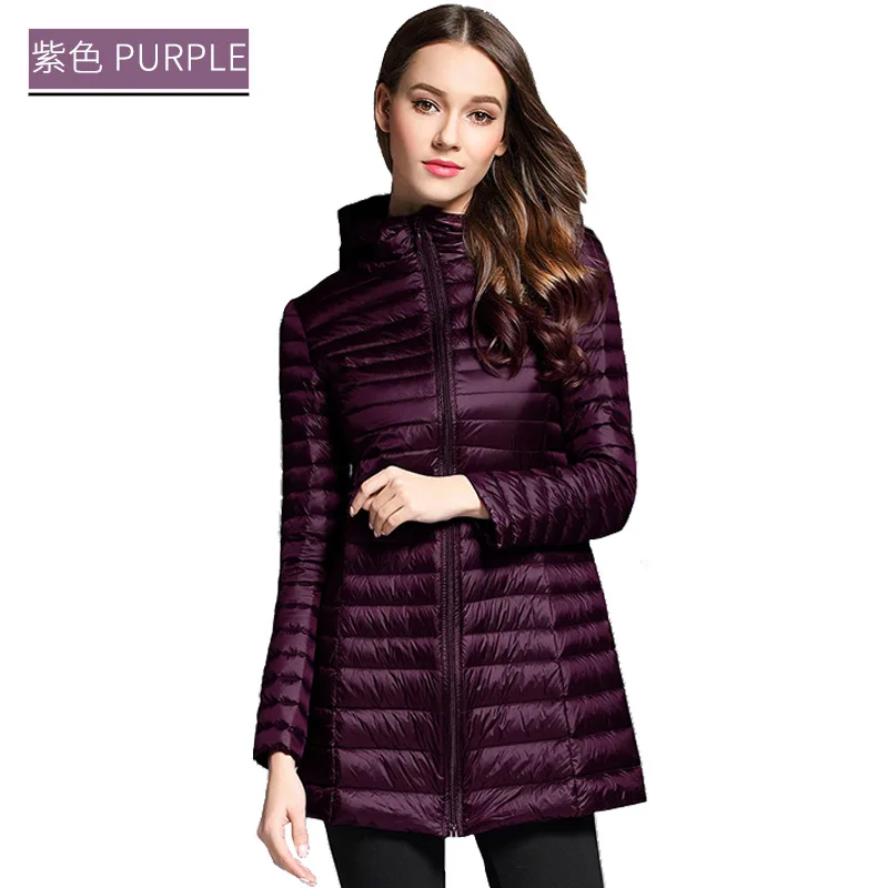 Purple Зимний женский ультра легкий пуховик, 90% утиный пух, Длинные куртки с капюшоном, теплое пальто с длинным рукавом, Женская парка, женская верхняя одежда - Цвет: Purple