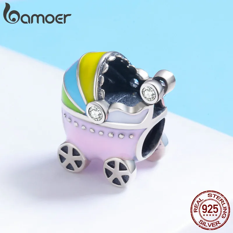 BAMOER 925 пробы серебряный маленький ребенок автомобиль детская коляска цвет эмаль Шарм Бусины Подходит для девочек Шарм браслет ювелирные изделия SCC505