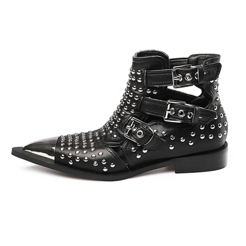 Studded Cow Leather Street Ankle Boots Buckles Women Flat Gladiator Boots Zapatos Mujer Ladies Punk Metal Toe Cap Shoes Size 43 - Цвет: black studded boots