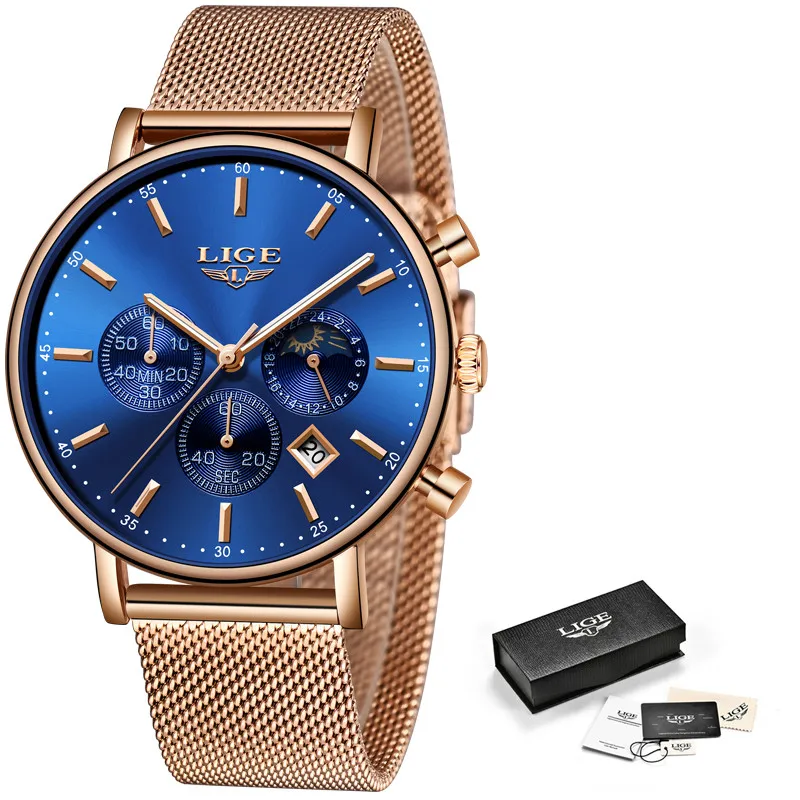 LIGE Mens Multi-Function Ultra-Thin Watches Brand Business Quartz Watch Men's All Steel Waterproof Sports Relogio+Box | Наручные часы