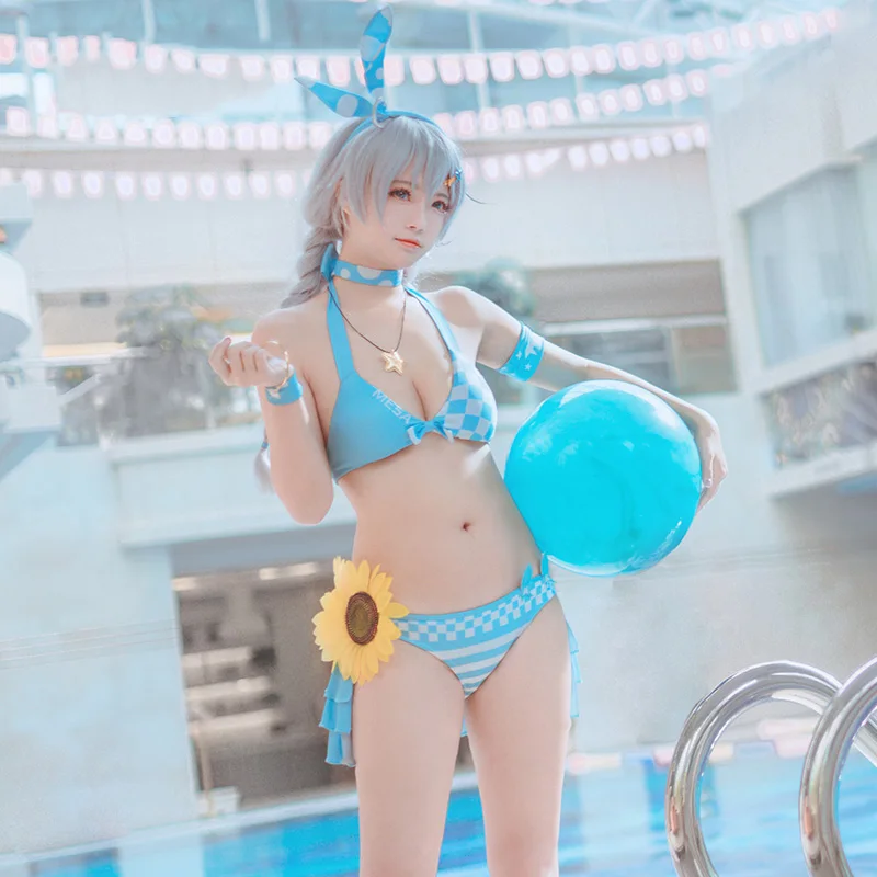 

Anime! Honkai Impact 3 Kiana Kaslana Swimsuit Uniform Cosplay Costume Summer Pool Party Swimwear Wig for Women Full Set