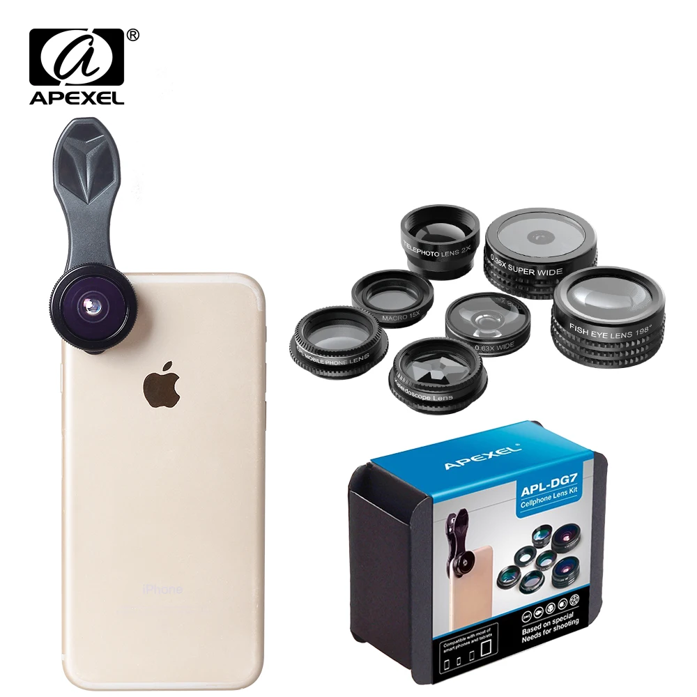 APEXEL объектив камеры 7в1 в мобильный телефон рыбий глаз Широкоугольный макро