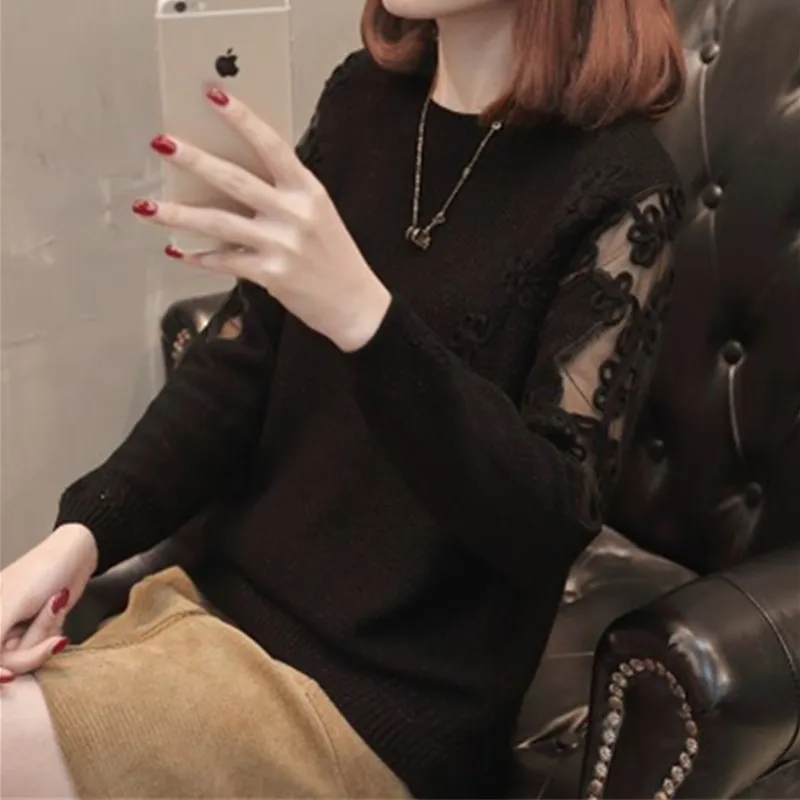 YAGENZ Lace Patchwork Knit Sweater Spring Autumn Women Long Sleeve Pullover Knitted Basic Sweaters Tops Femme | Женская одежда