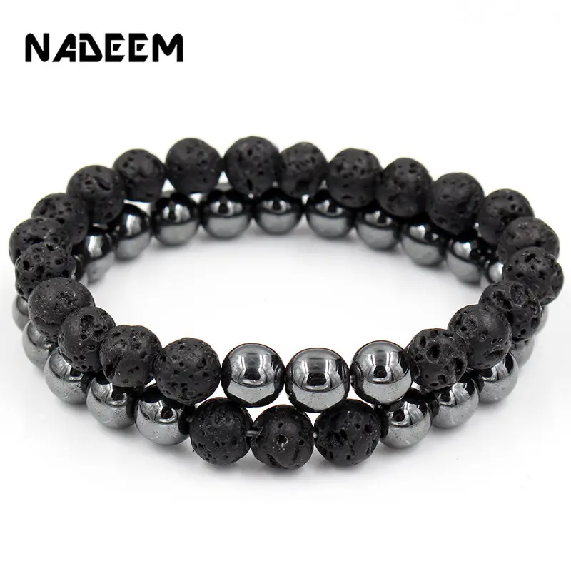 Модный набор из 2 пар Панк Набор браслетов с бусинами Лава и гематит камня женские