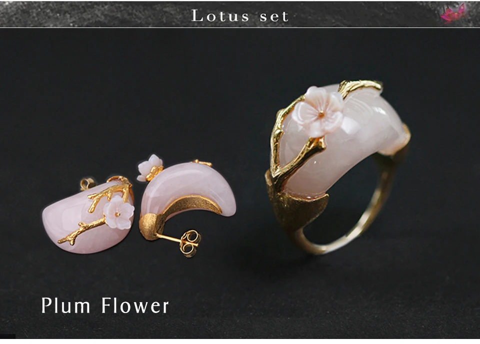 Lotus Fun Настоящее серебро 925 проба Натуральный камень креативные ювелирные изделия ручной работы цветок сливы набор ювелирных изделий с кольцом Серьги-гвоздики